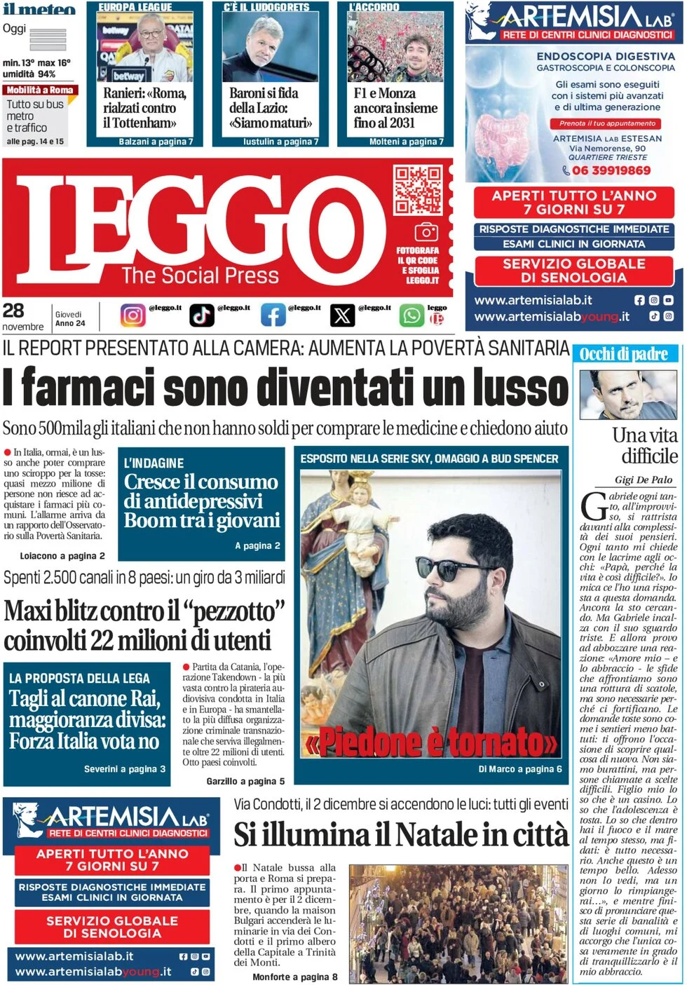anteprima della prima pagina di leggo-roma del 28/11/2024
