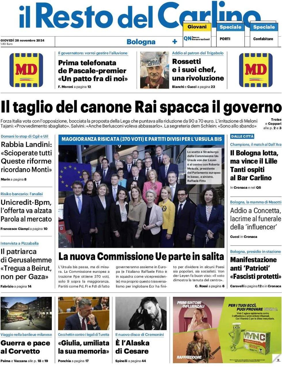 anteprima della prima pagina di il-resto-del-carlino del 28/11/2024