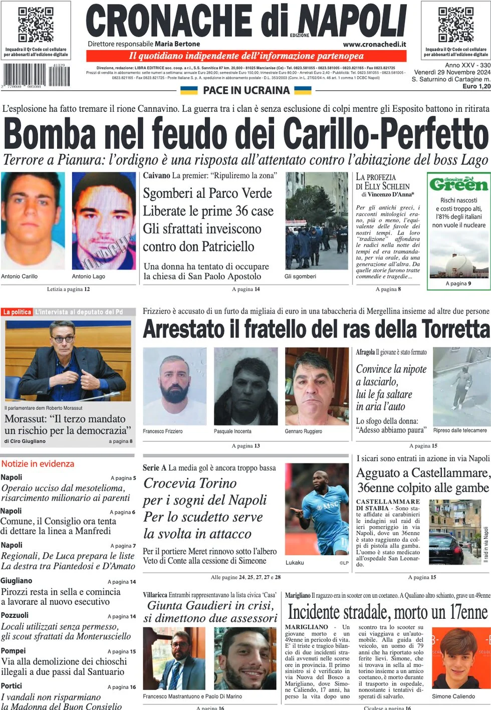 anteprima della prima pagina di cronache-di-napoli del 29/11/2024