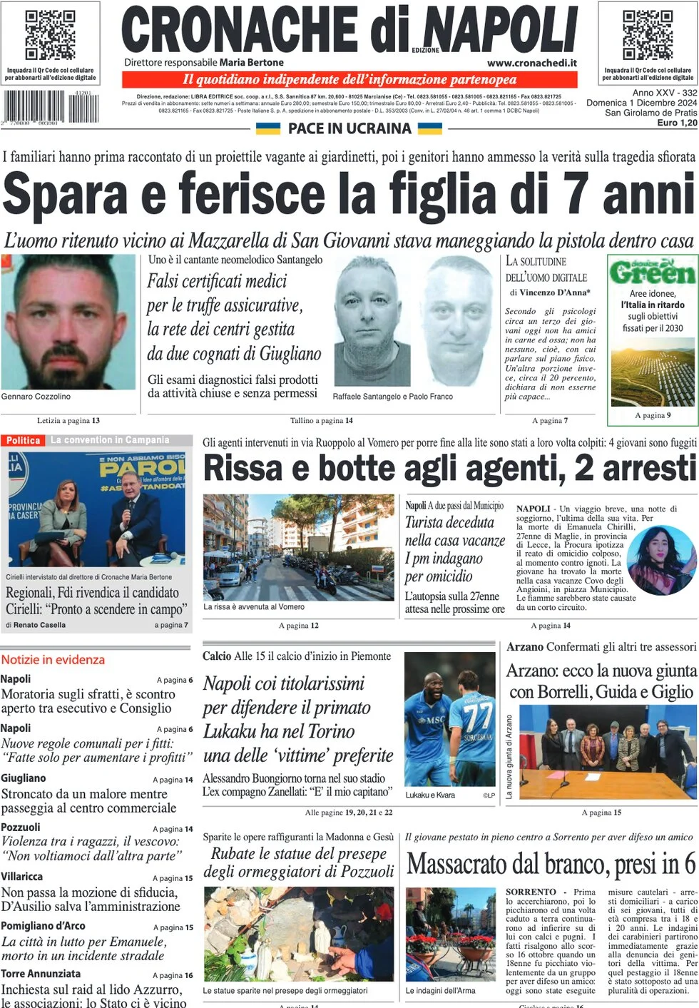 anteprima della prima pagina di cronache-di-napoli del 01/12/2024