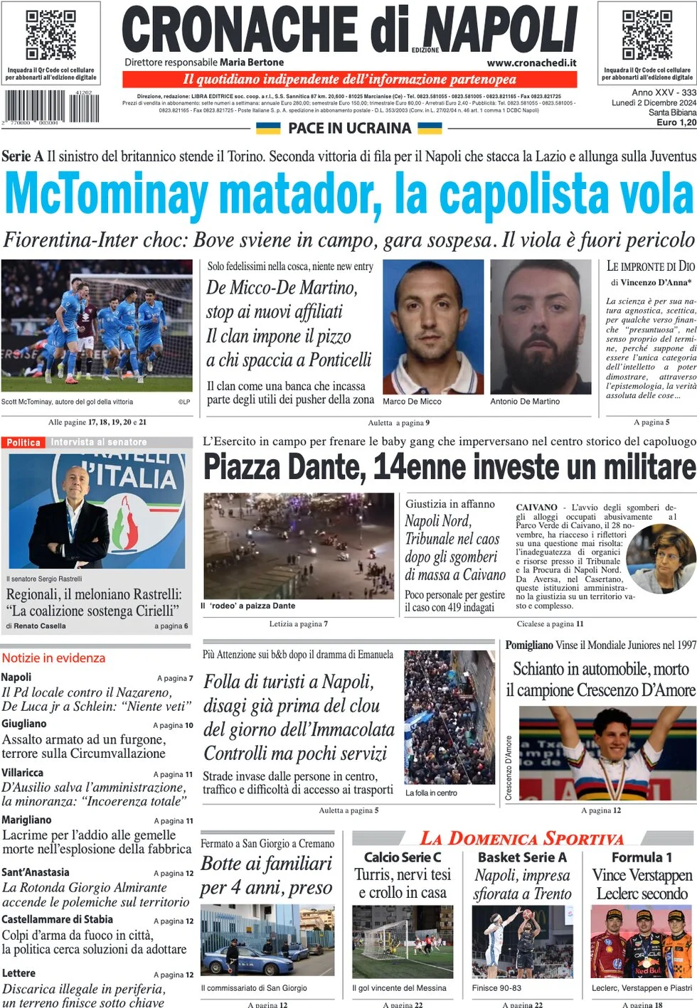 anteprima della prima pagina di cronache-di-napoli del 02/12/2024