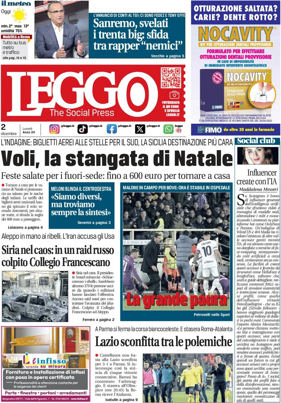 anteprima della prima pagina di leggo-roma del 02/12/2024