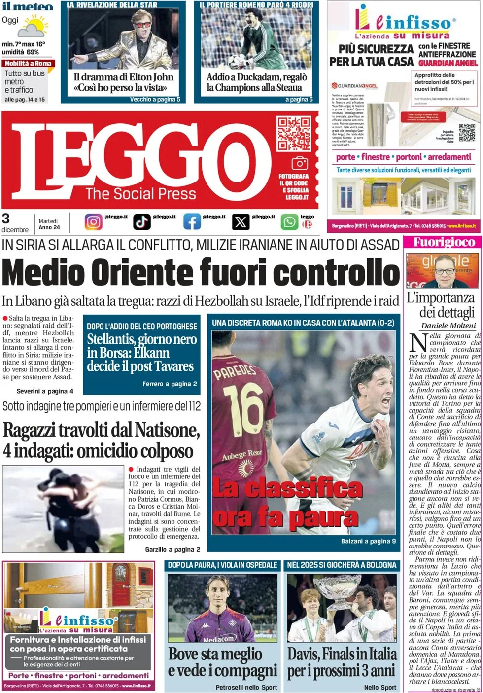 anteprima della prima pagina di leggo-roma del 03/12/2024