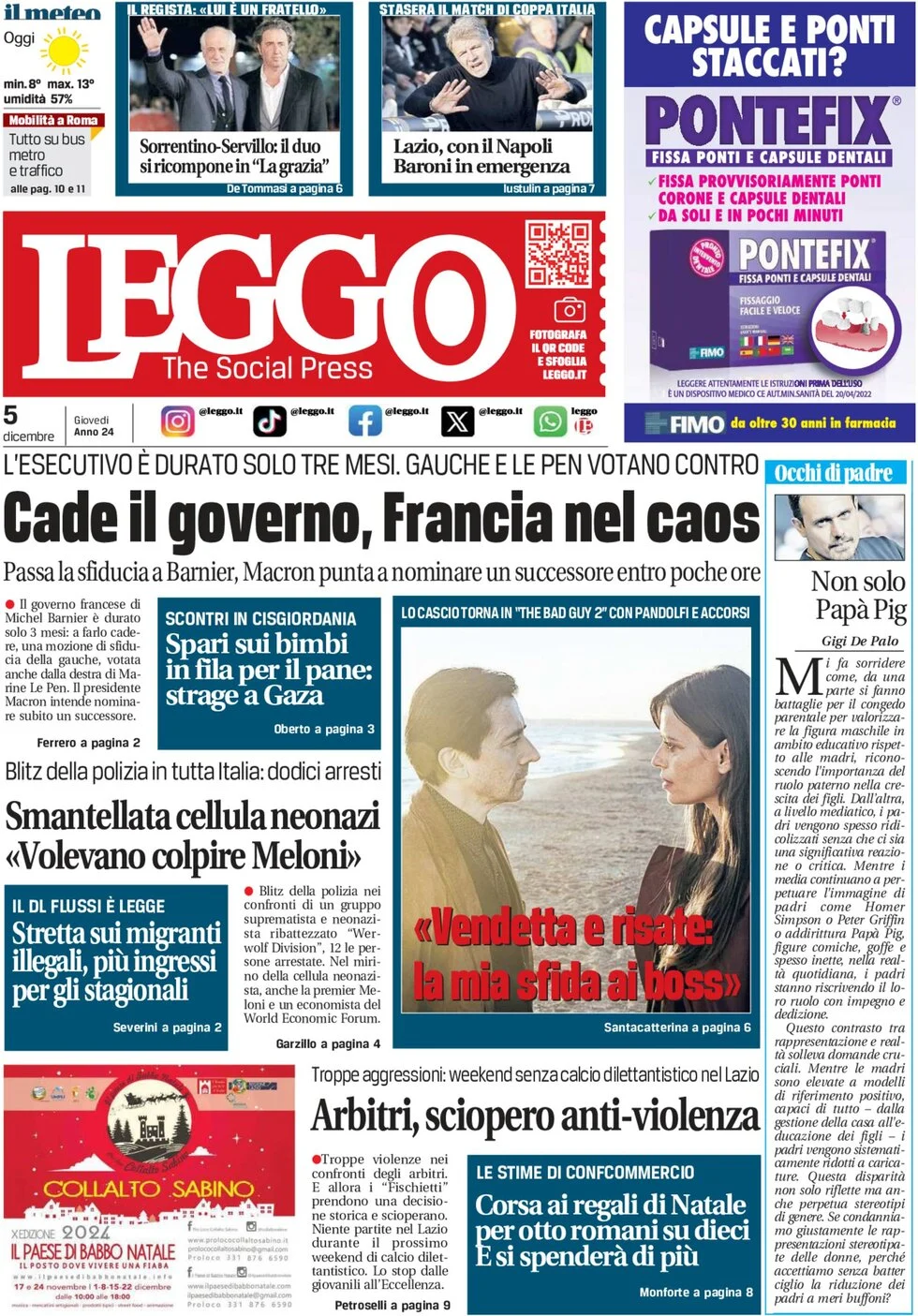 anteprima della prima pagina di leggo-roma del 05/12/2024