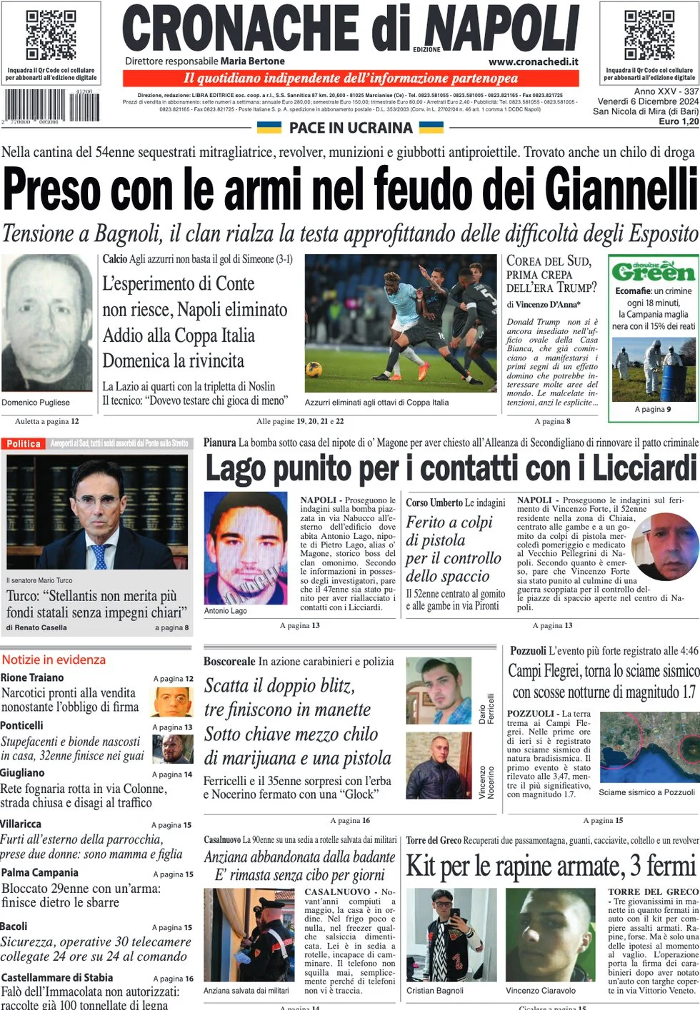 anteprima della prima pagina di cronache-di-napoli del 06/12/2024