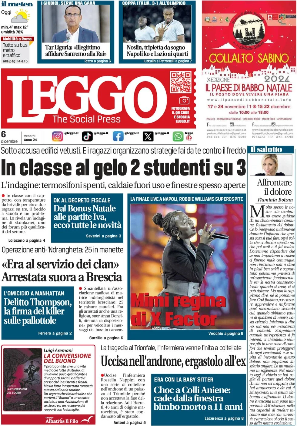 anteprima della prima pagina di leggo-roma del 06/12/2024