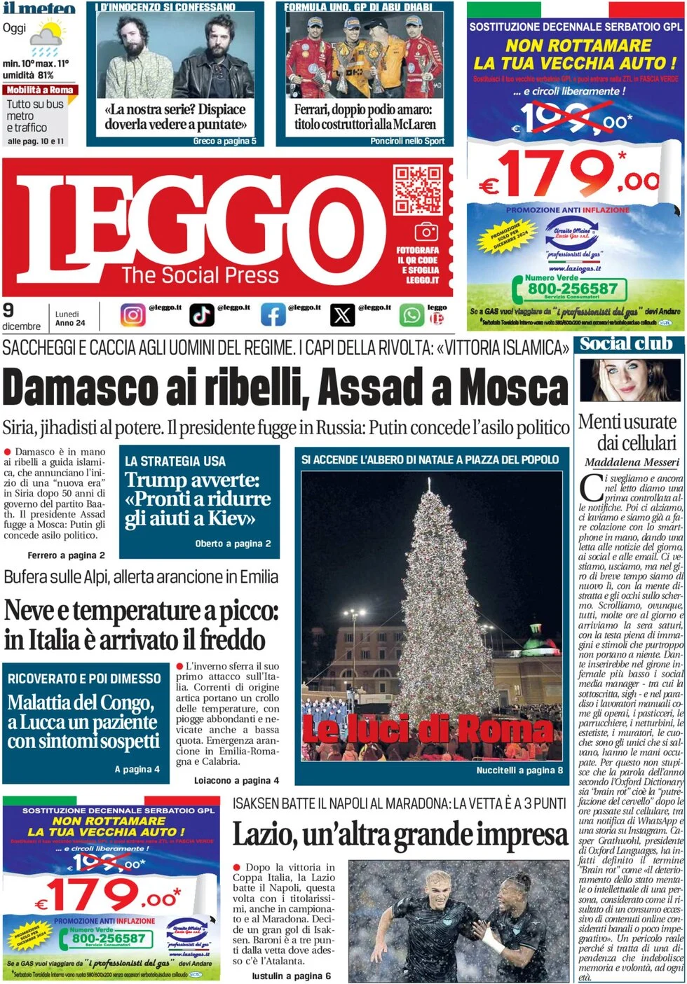 anteprima della prima pagina di leggo-roma del 09/12/2024