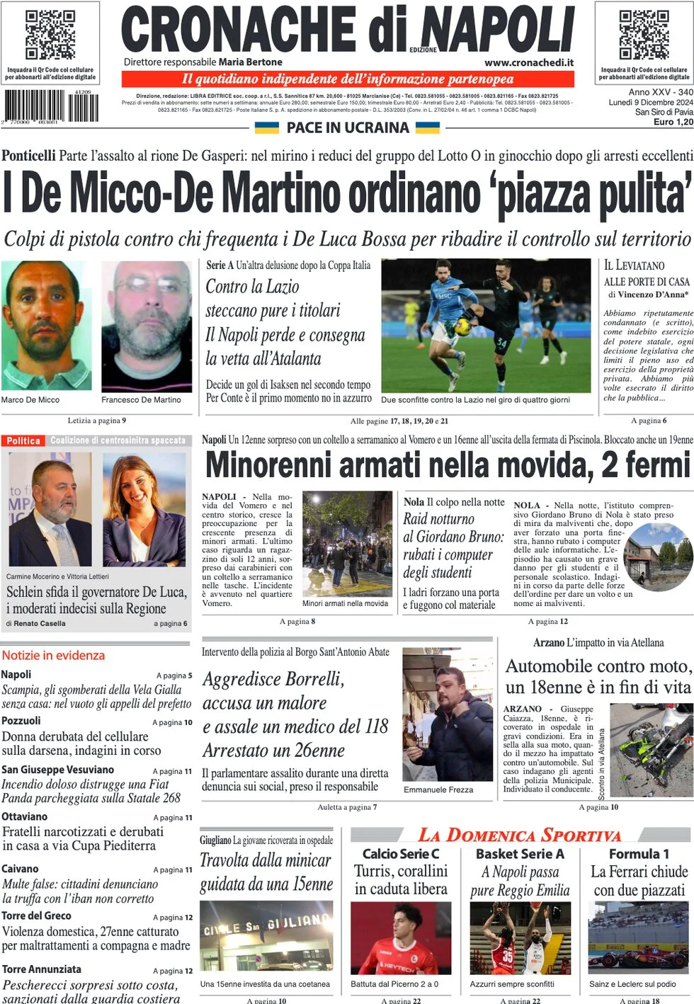 anteprima della prima pagina di cronache-di-napoli del 09/12/2024
