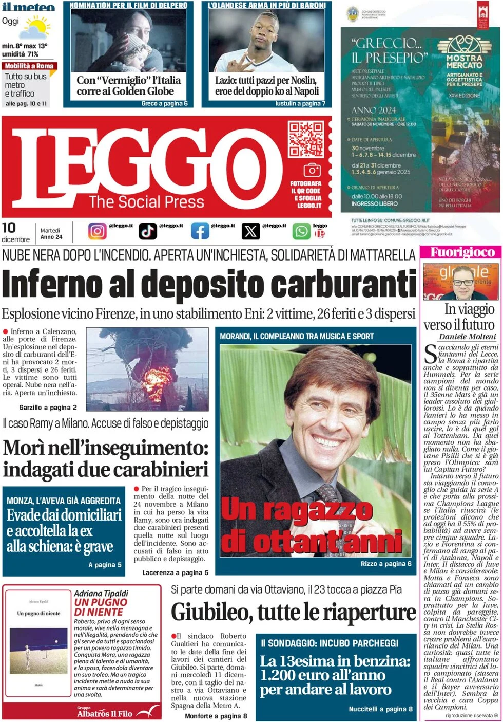 anteprima della prima pagina di leggo-roma del 10/12/2024