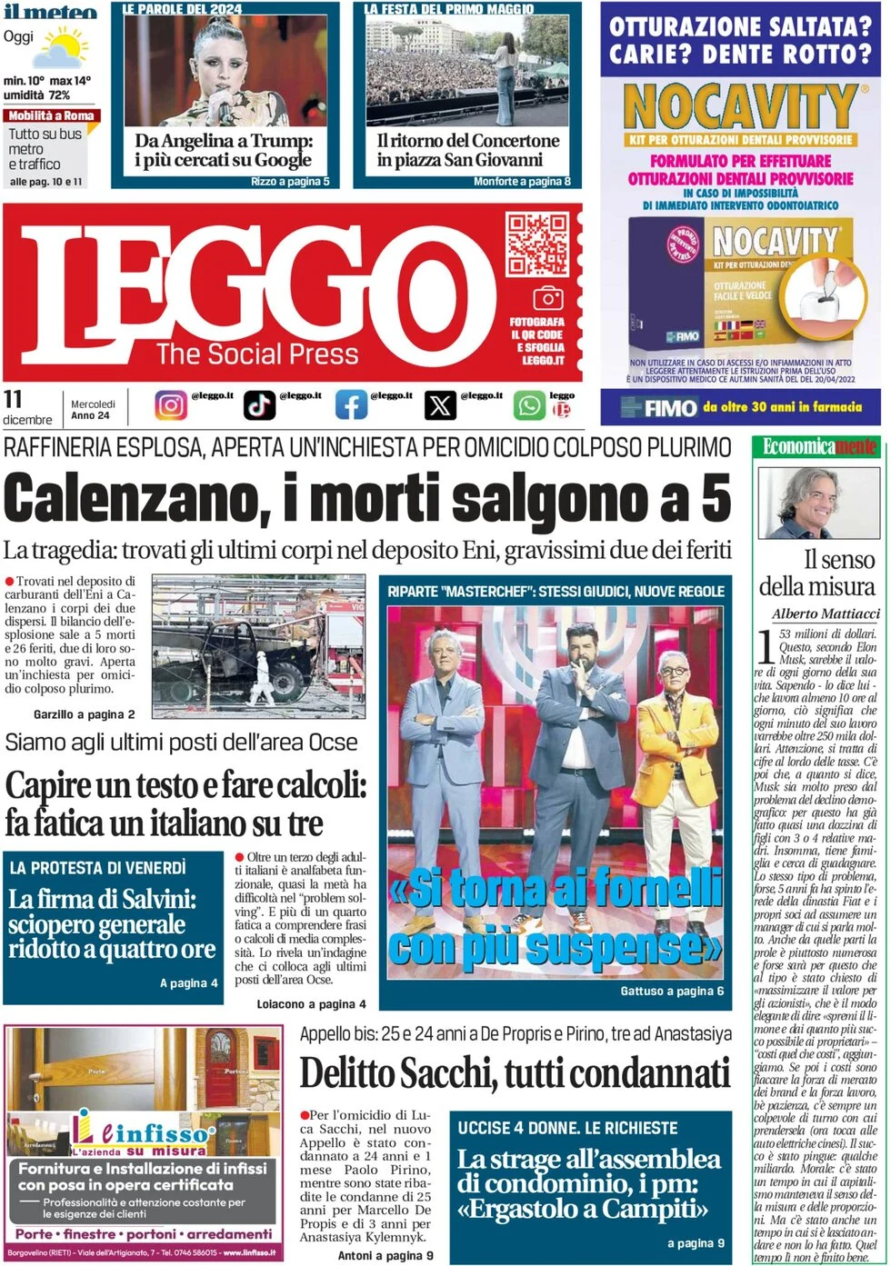 anteprima della prima pagina di leggo-roma del 11/12/2024