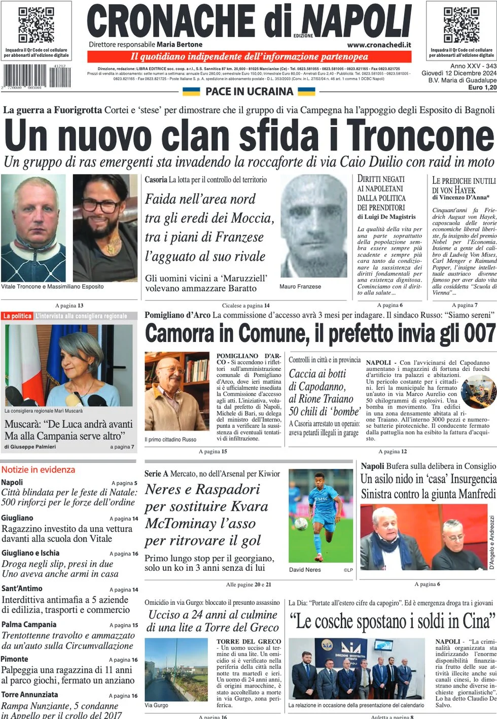 anteprima della prima pagina di cronache-di-napoli del 12/12/2024