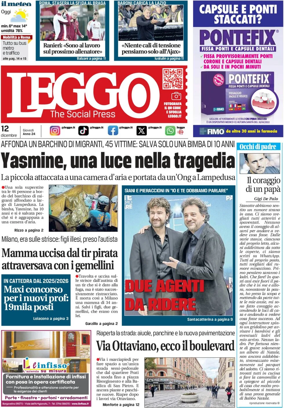 anteprima della prima pagina di leggo-roma del 12/12/2024