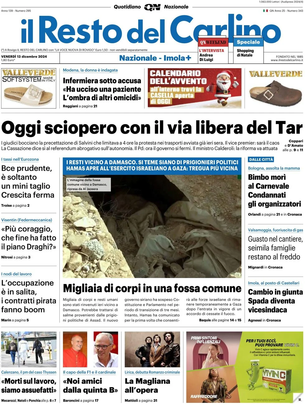 anteprima della prima pagina di il-resto-del-carlino del 13/12/2024