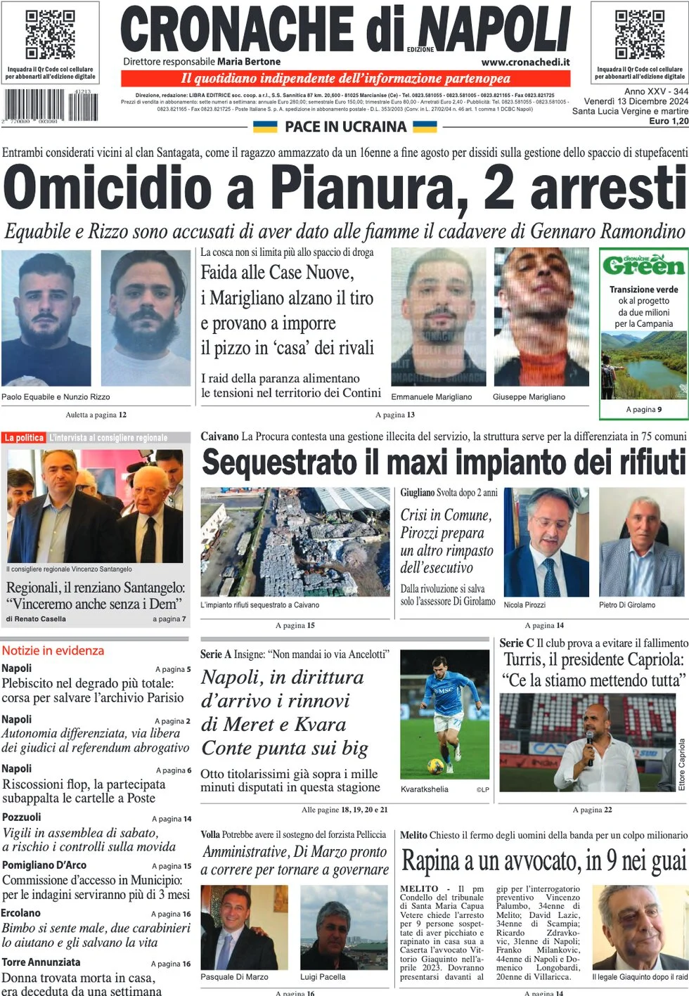 anteprima della prima pagina di cronache-di-napoli del 13/12/2024
