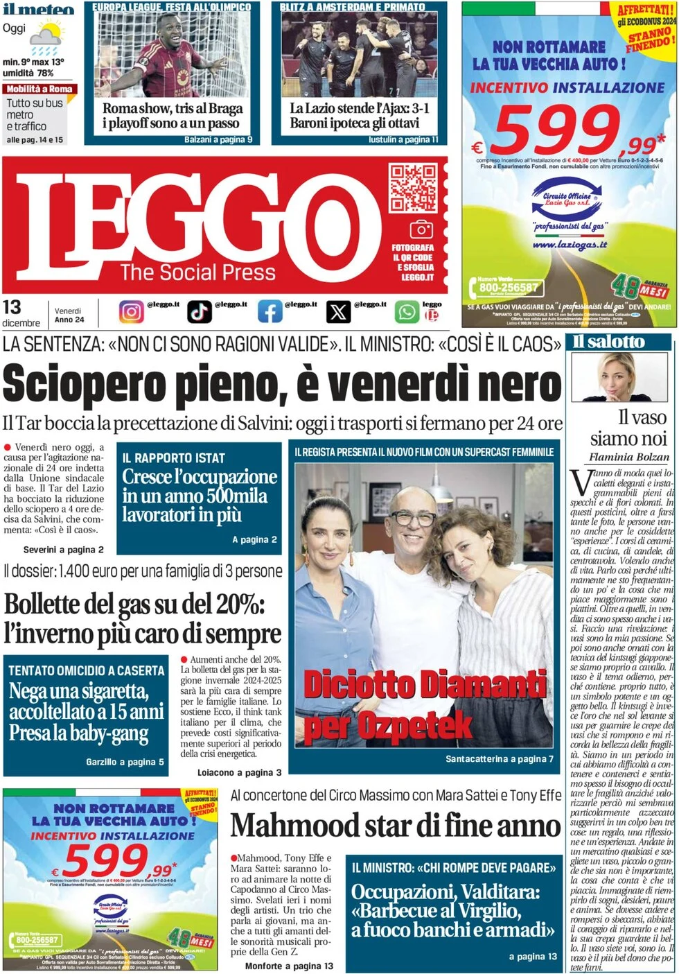 anteprima della prima pagina di leggo-roma del 13/12/2024