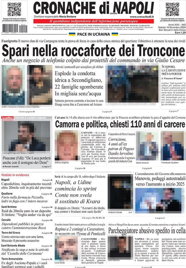 anteprima della prima pagina di cronache-di-napoli del 14/12/2024