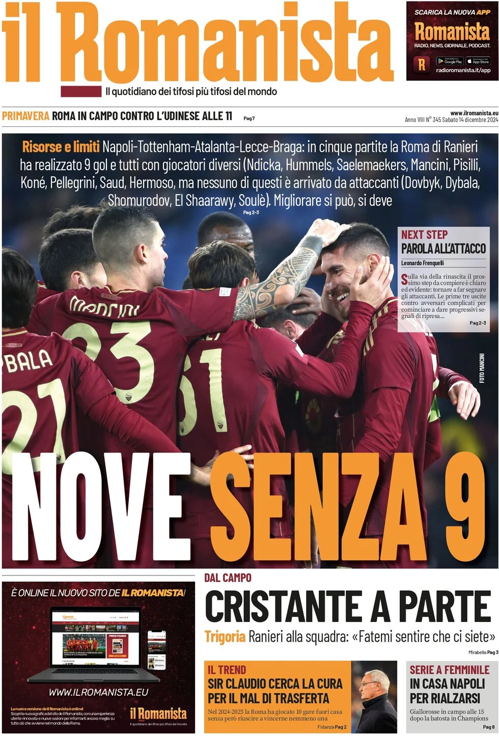 anteprima della prima pagina di il-romanista del 14/12/2024
