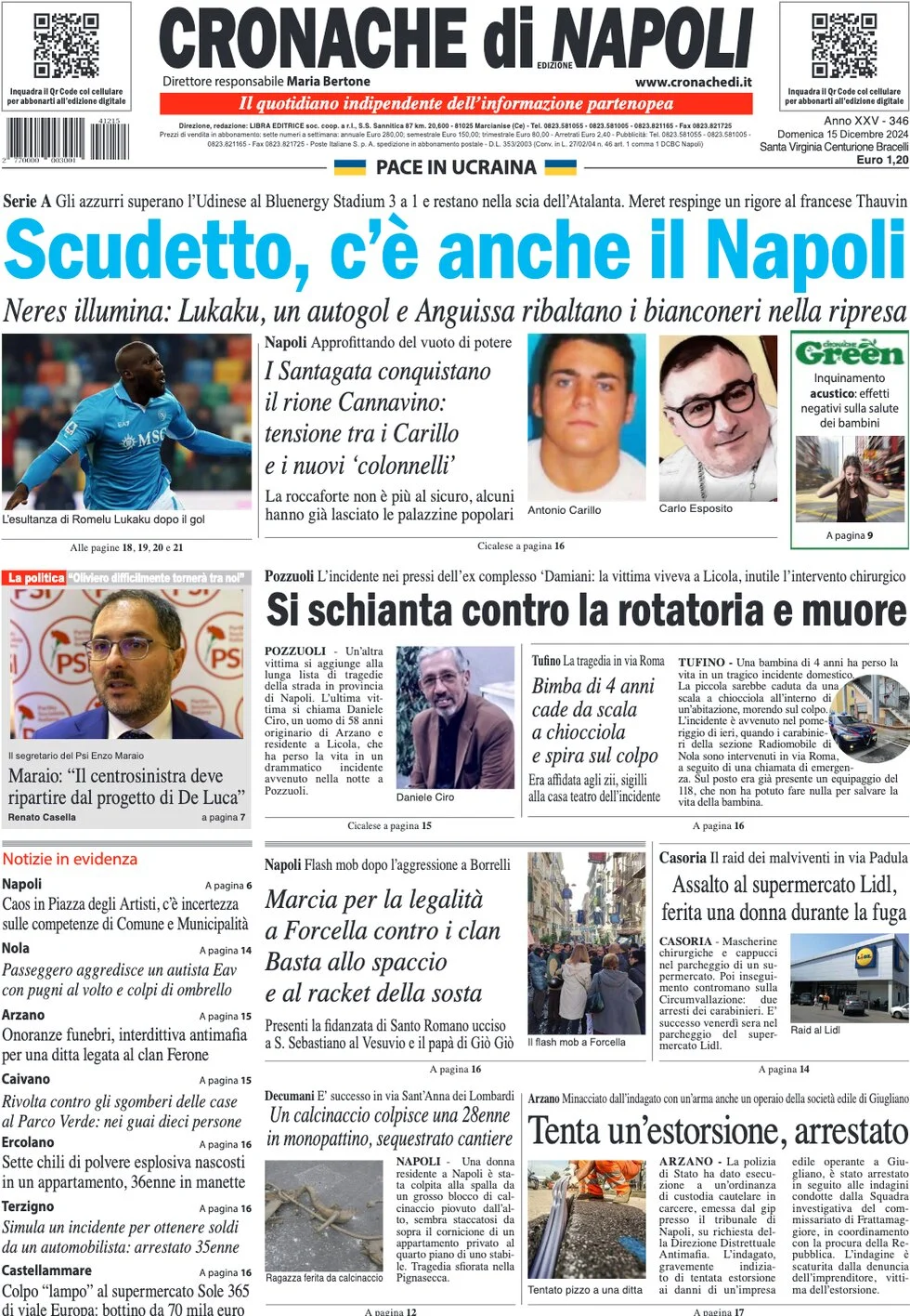 anteprima della prima pagina di cronache-di-napoli del 15/12/2024