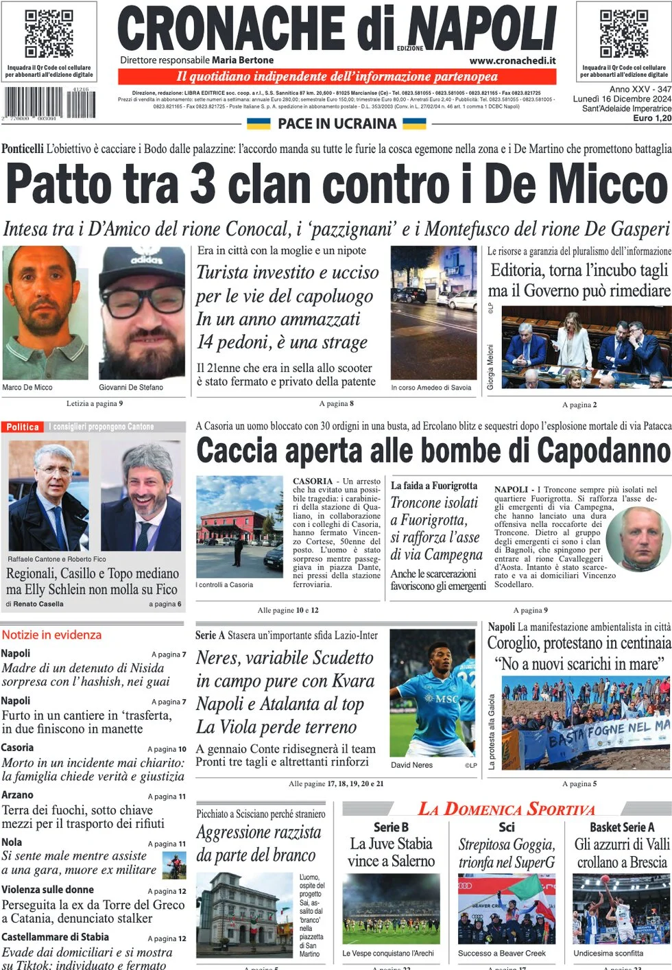 anteprima della prima pagina di cronache-di-napoli del 16/12/2024