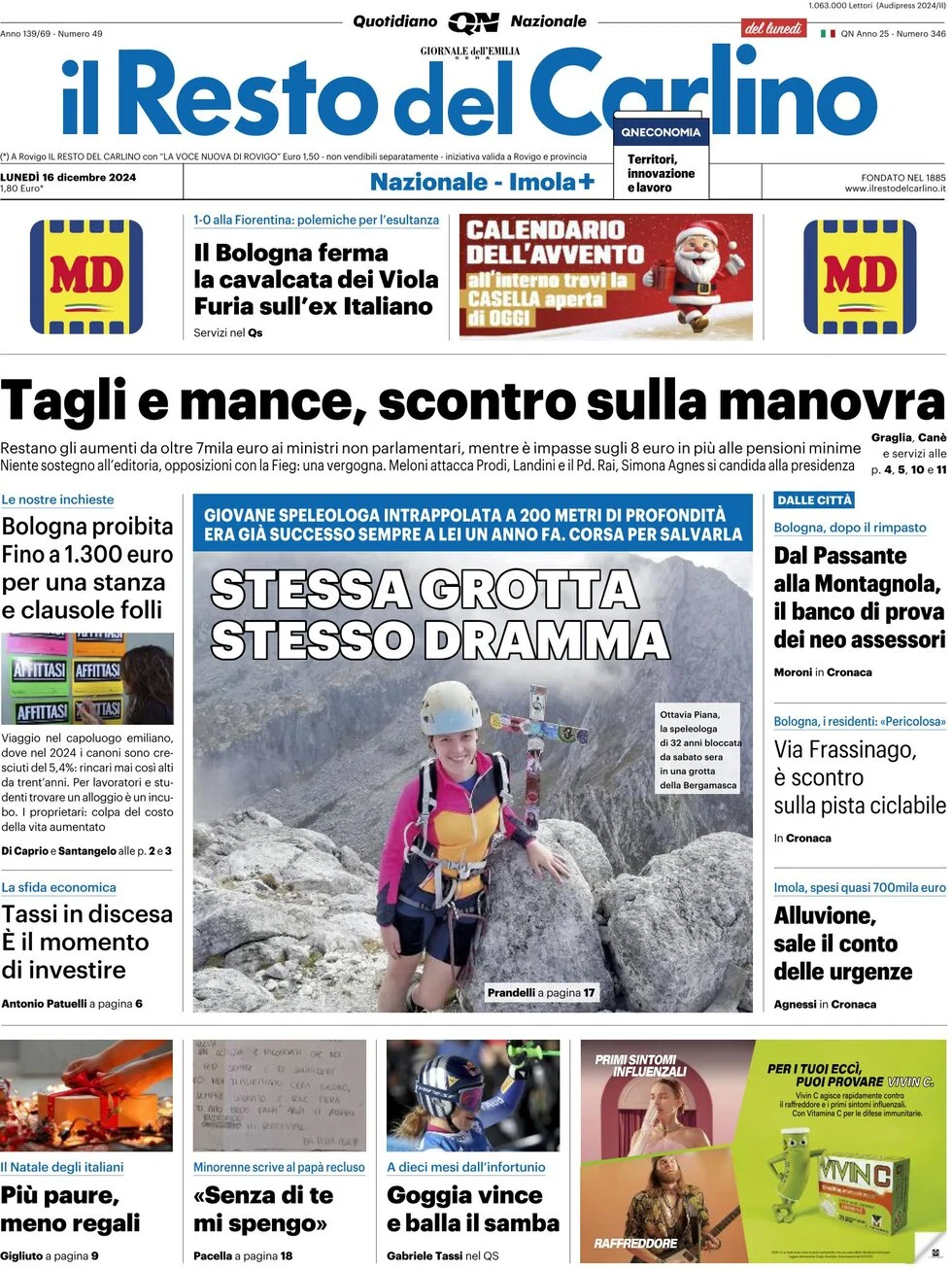anteprima della prima pagina di il-resto-del-carlino del 16/12/2024