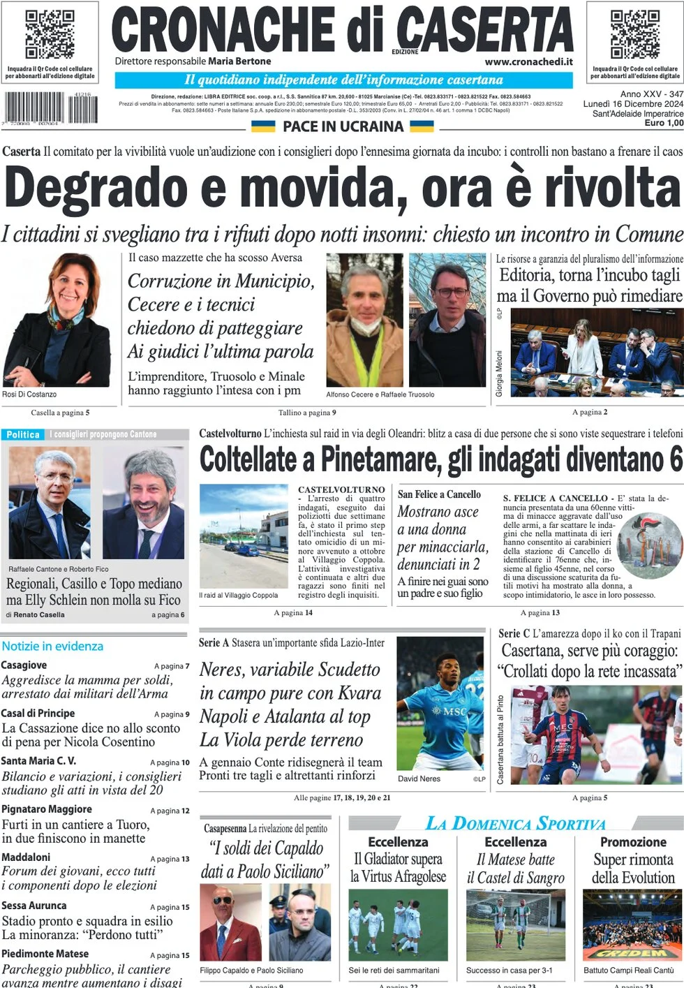 anteprima della prima pagina di cronache-di-caserta del 16/12/2024