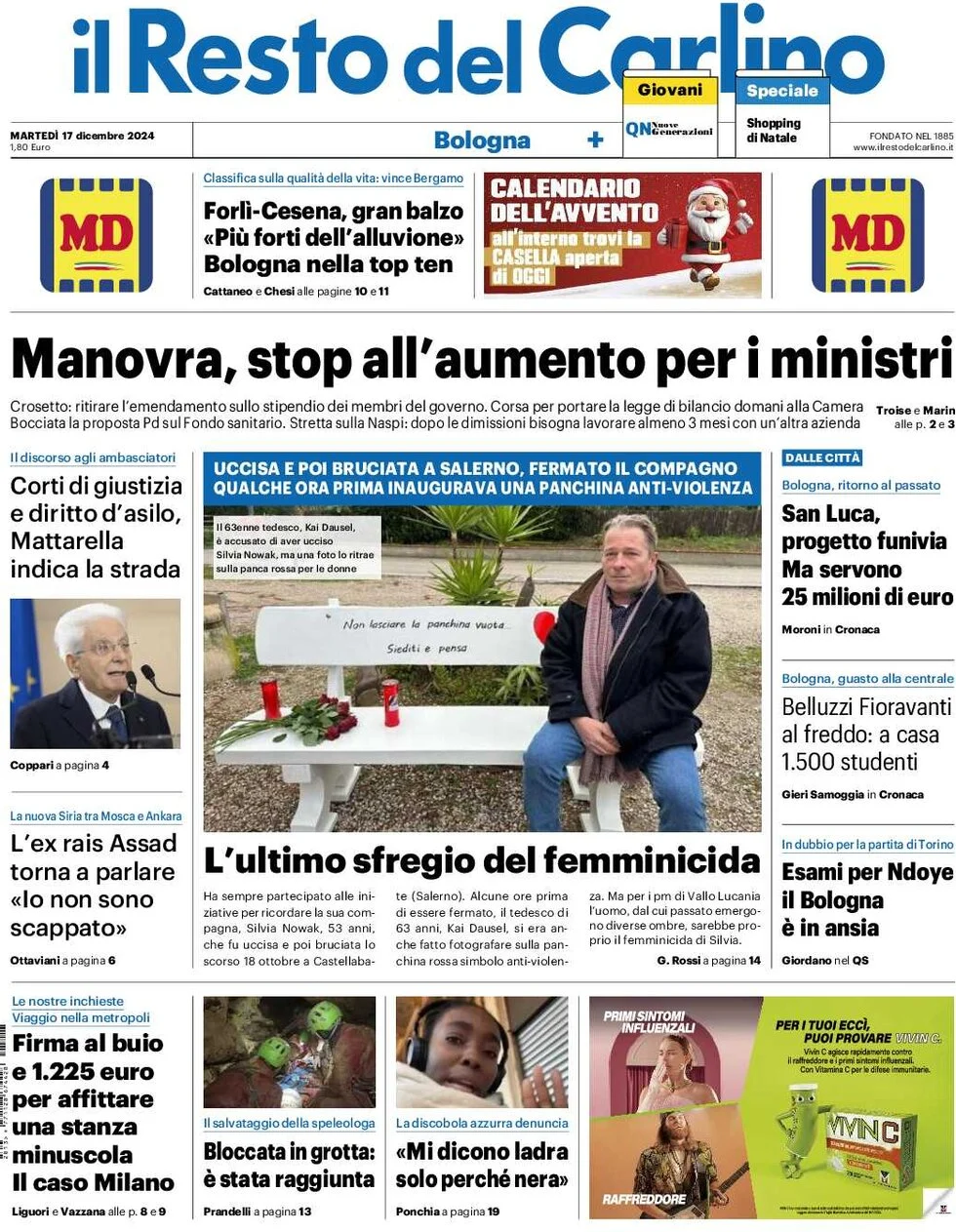 anteprima della prima pagina di il-resto-del-carlino del 17/12/2024