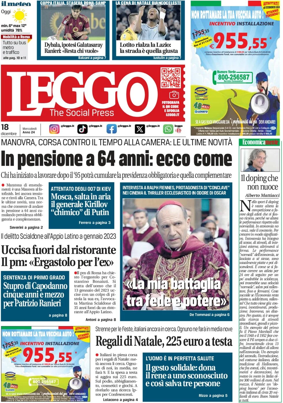 anteprima della prima pagina di leggo-roma del 18/12/2024