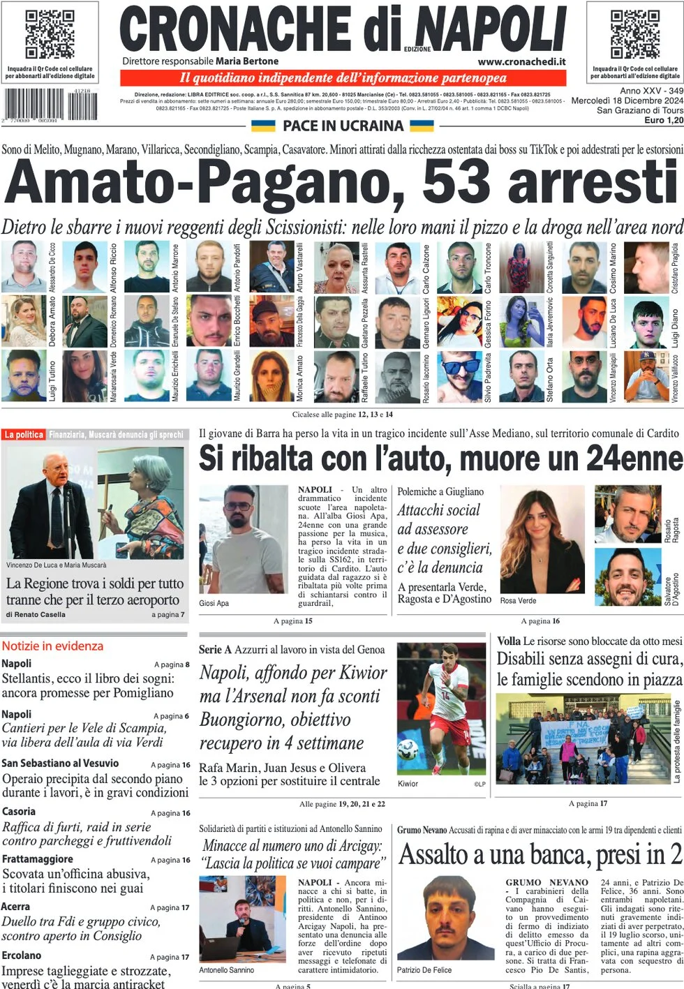 anteprima della prima pagina di cronache-di-napoli del 18/12/2024