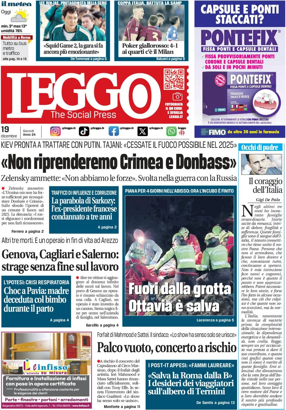 anteprima della prima pagina di leggo-roma del 19/12/2024
