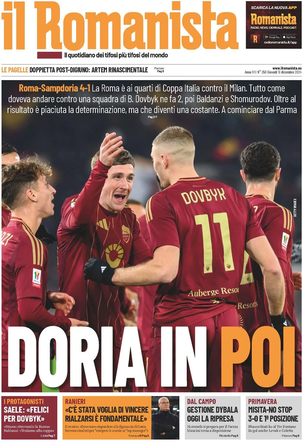 anteprima della prima pagina di il-romanista del 19/12/2024