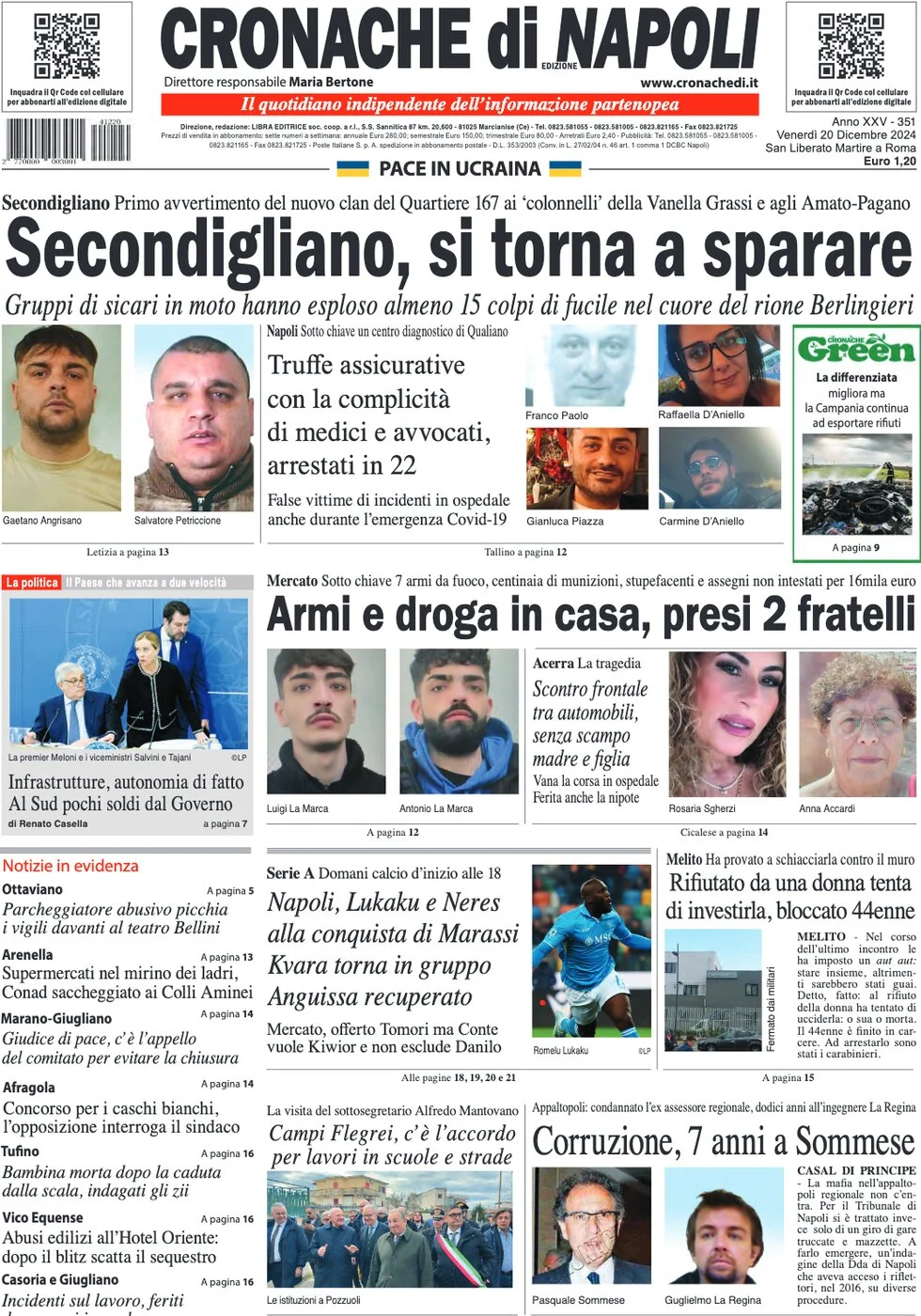 anteprima della prima pagina di cronache-di-napoli del 20/12/2024