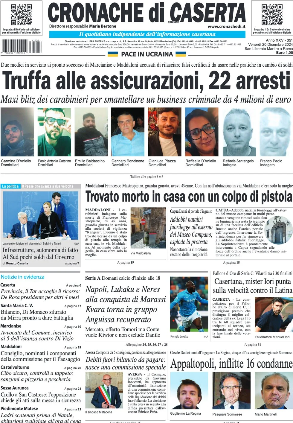anteprima della prima pagina di cronache-di-caserta del 20/12/2024