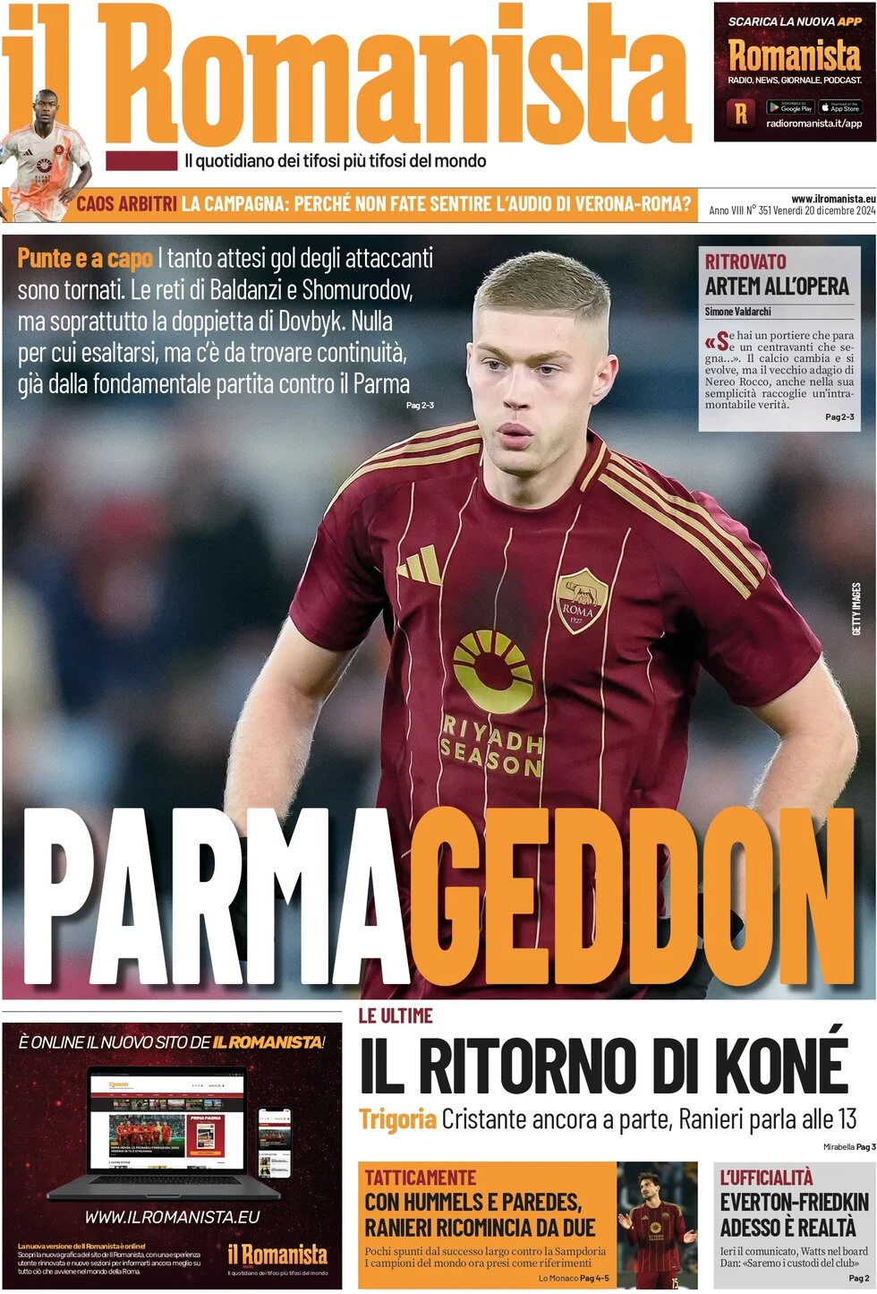 anteprima della prima pagina di il-romanista del 20/12/2024