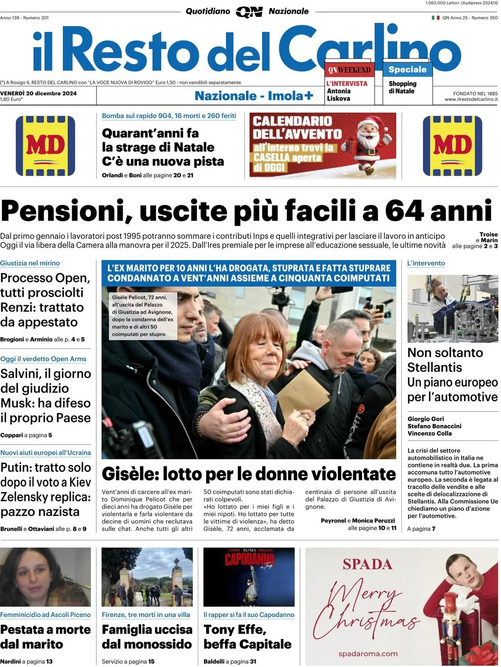 anteprima della prima pagina di il-resto-del-carlino del 20/12/2024