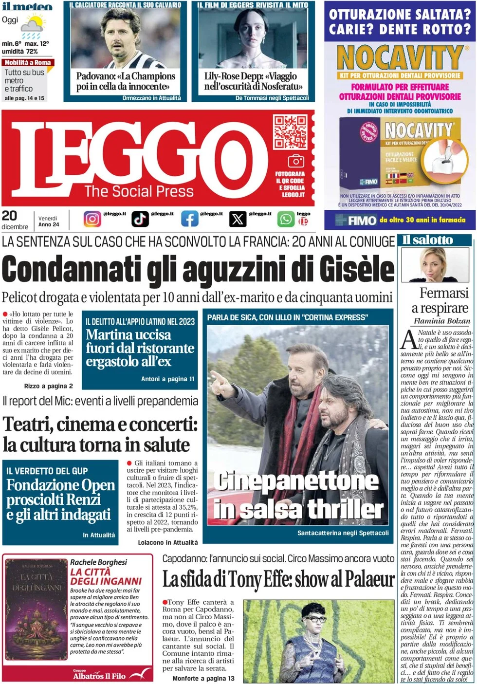 anteprima della prima pagina di leggo-roma del 20/12/2024