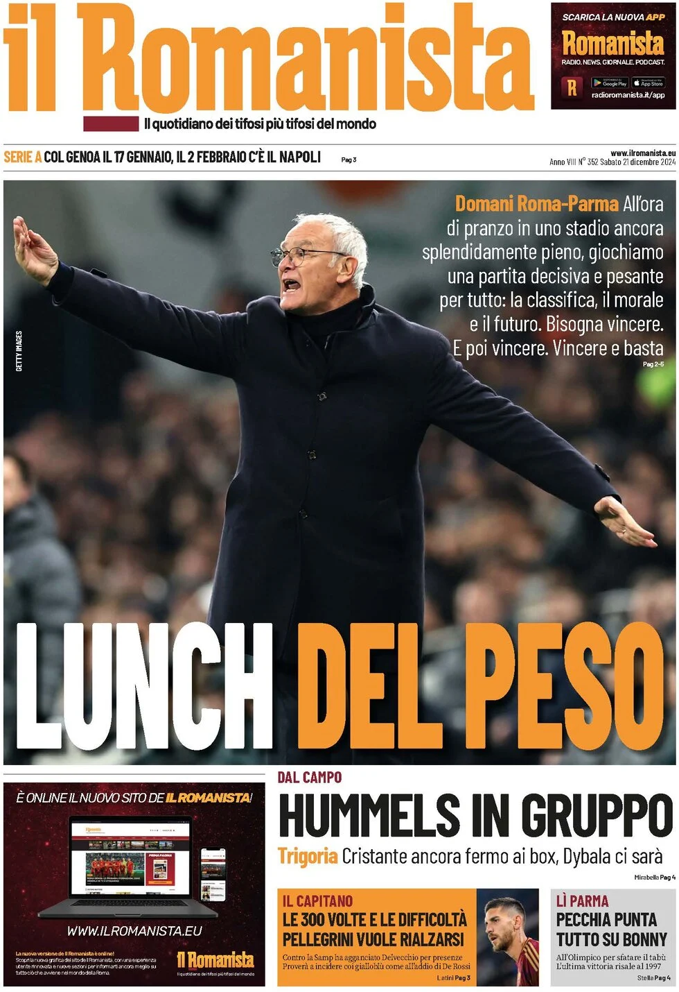 anteprima della prima pagina di il-romanista del 21/12/2024