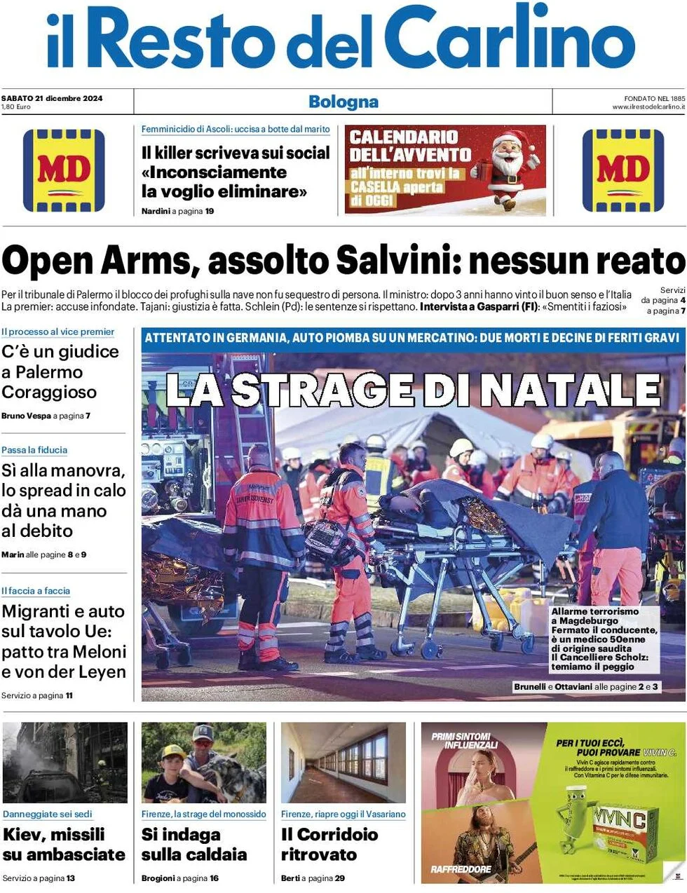 anteprima della prima pagina di il-resto-del-carlino del 21/12/2024