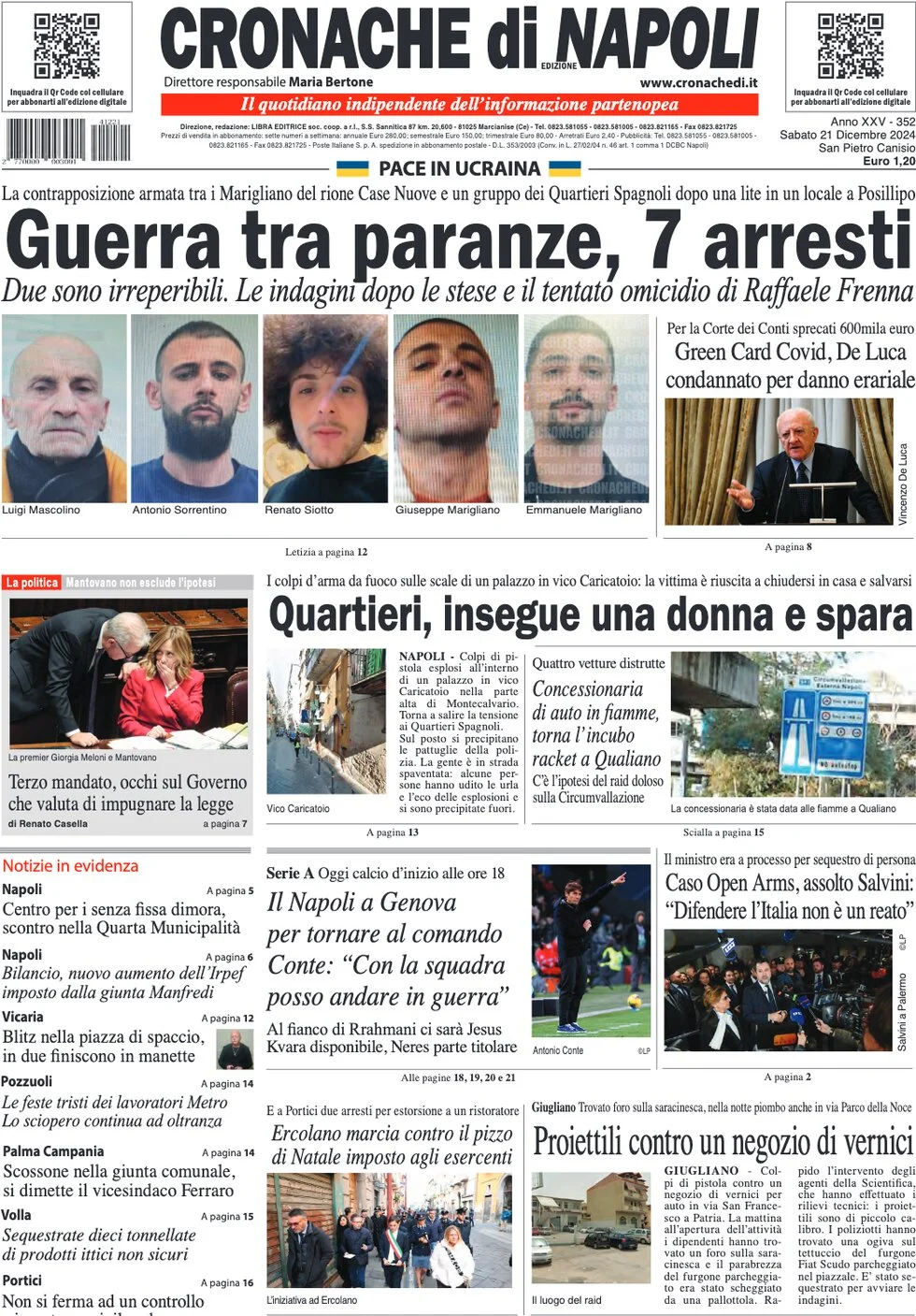 anteprima della prima pagina di cronache-di-napoli del 21/12/2024