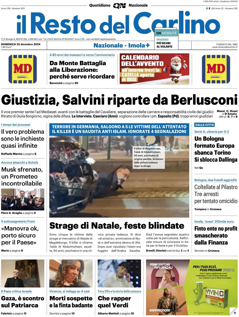 anteprima della prima pagina di il-resto-del-carlino del 22/12/2024