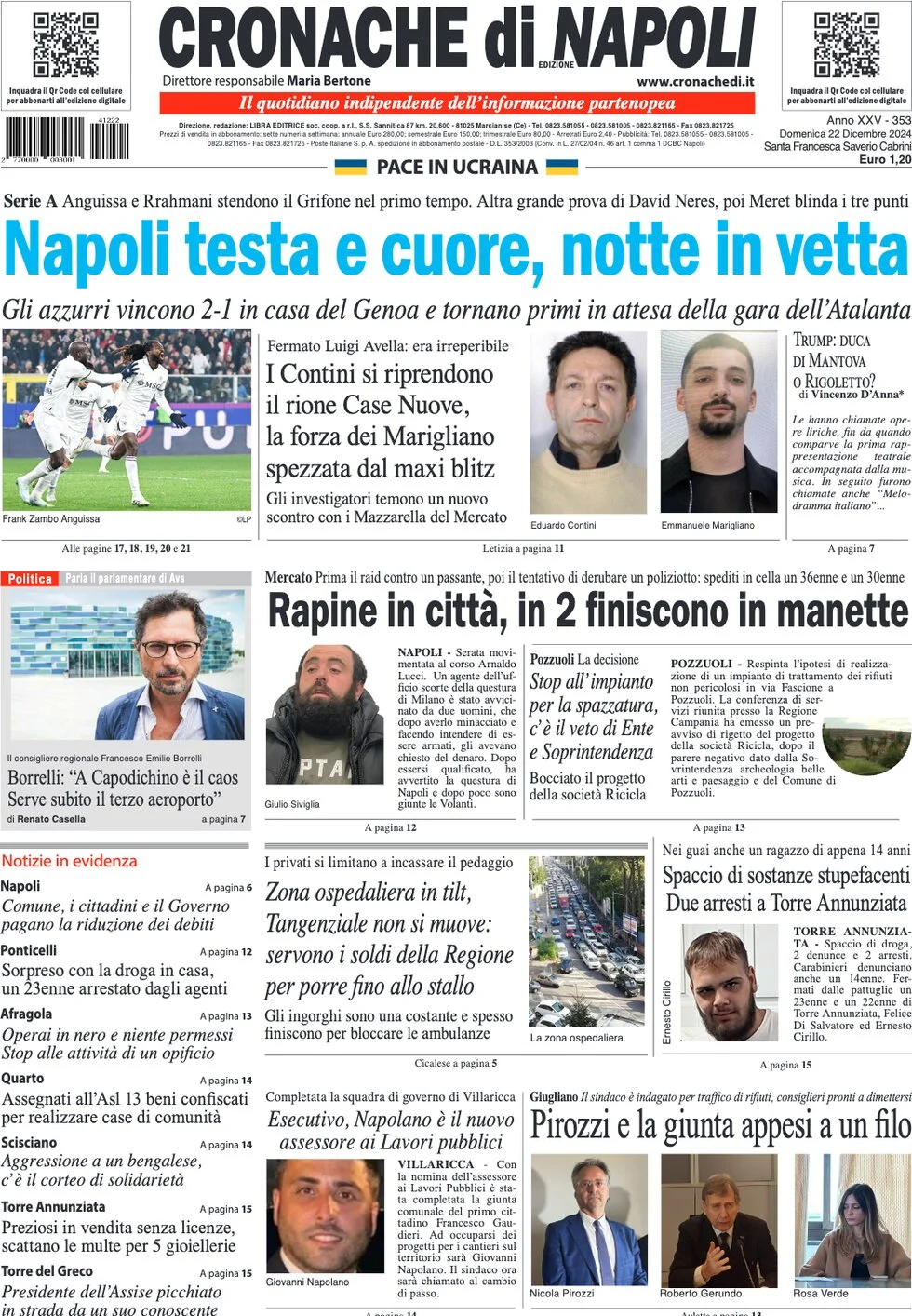 anteprima della prima pagina di cronache-di-napoli del 22/12/2024