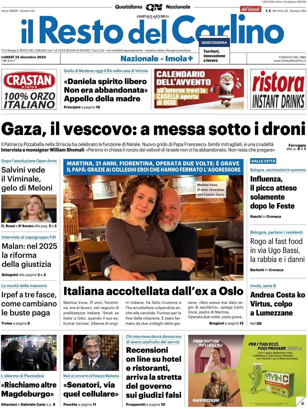 anteprima della prima pagina di il-resto-del-carlino del 23/12/2024