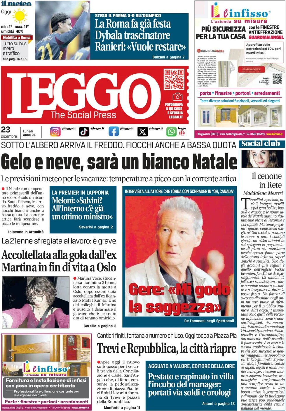 anteprima della prima pagina di leggo-roma del 23/12/2024