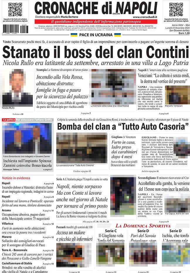 anteprima della prima pagina di cronache-di-napoli del 23/12/2024