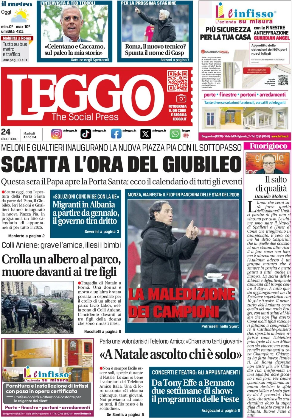 anteprima della prima pagina di leggo-roma del 24/12/2024
