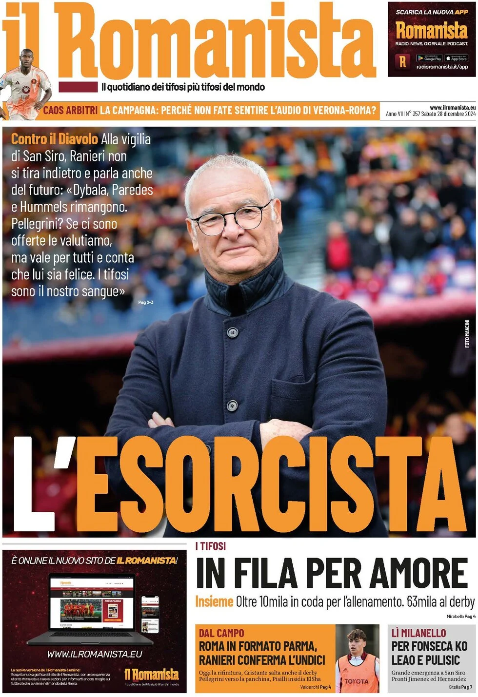 anteprima della prima pagina di il-romanista del 28/12/2024