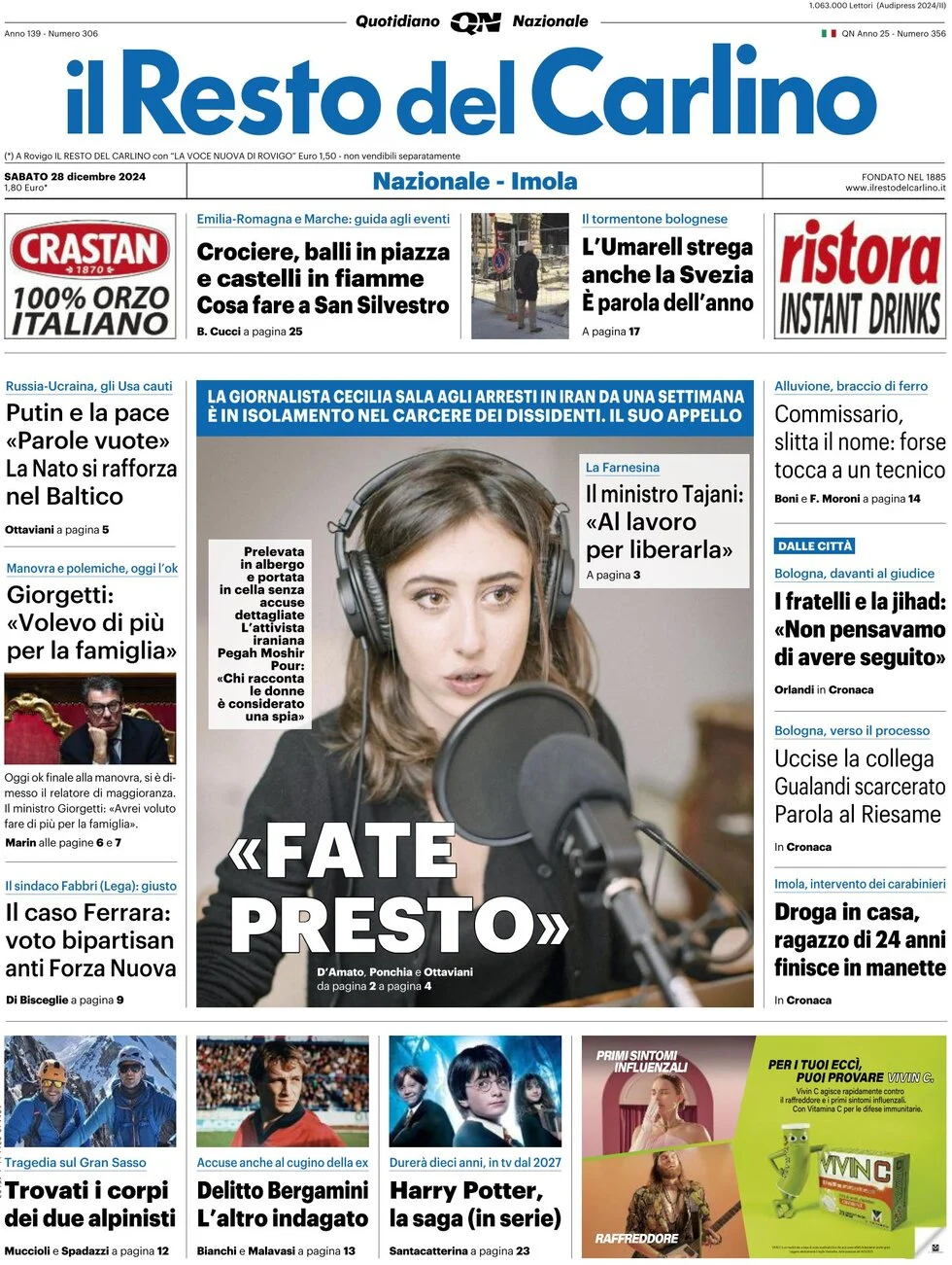 anteprima della prima pagina di il-resto-del-carlino del 28/12/2024