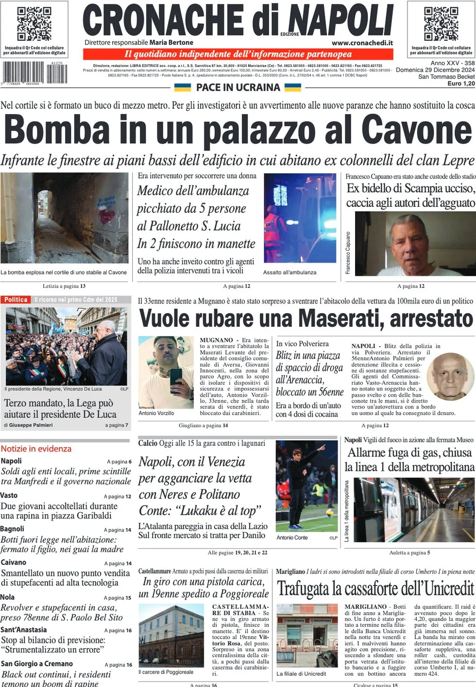 anteprima della prima pagina di cronache-di-napoli del 29/12/2024