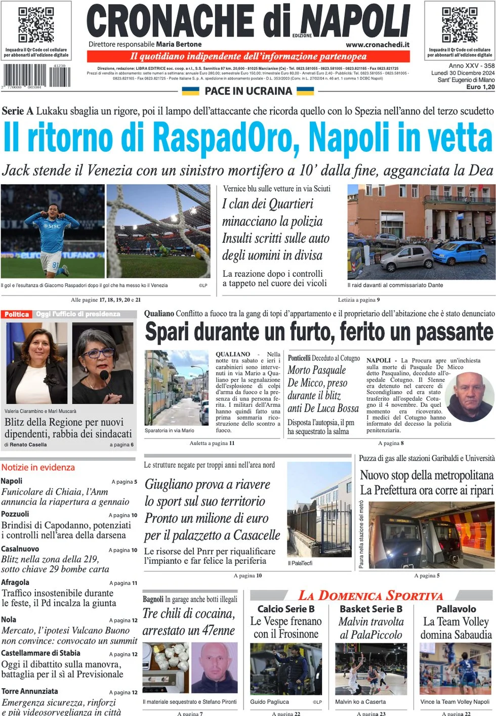 anteprima della prima pagina di cronache-di-napoli del 30/12/2024