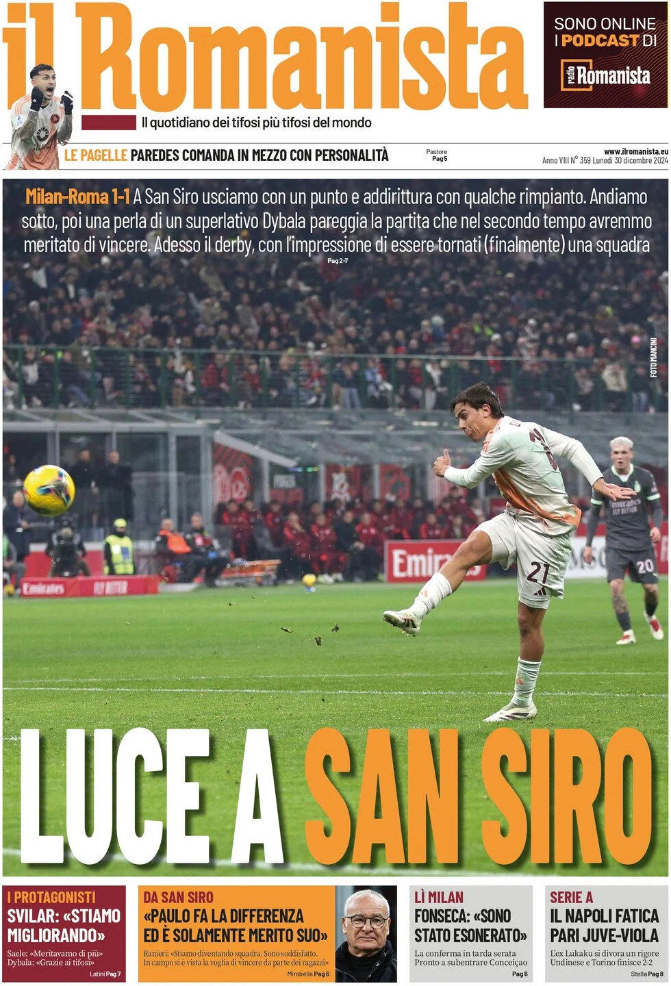 anteprima della prima pagina di il-romanista del 30/12/2024