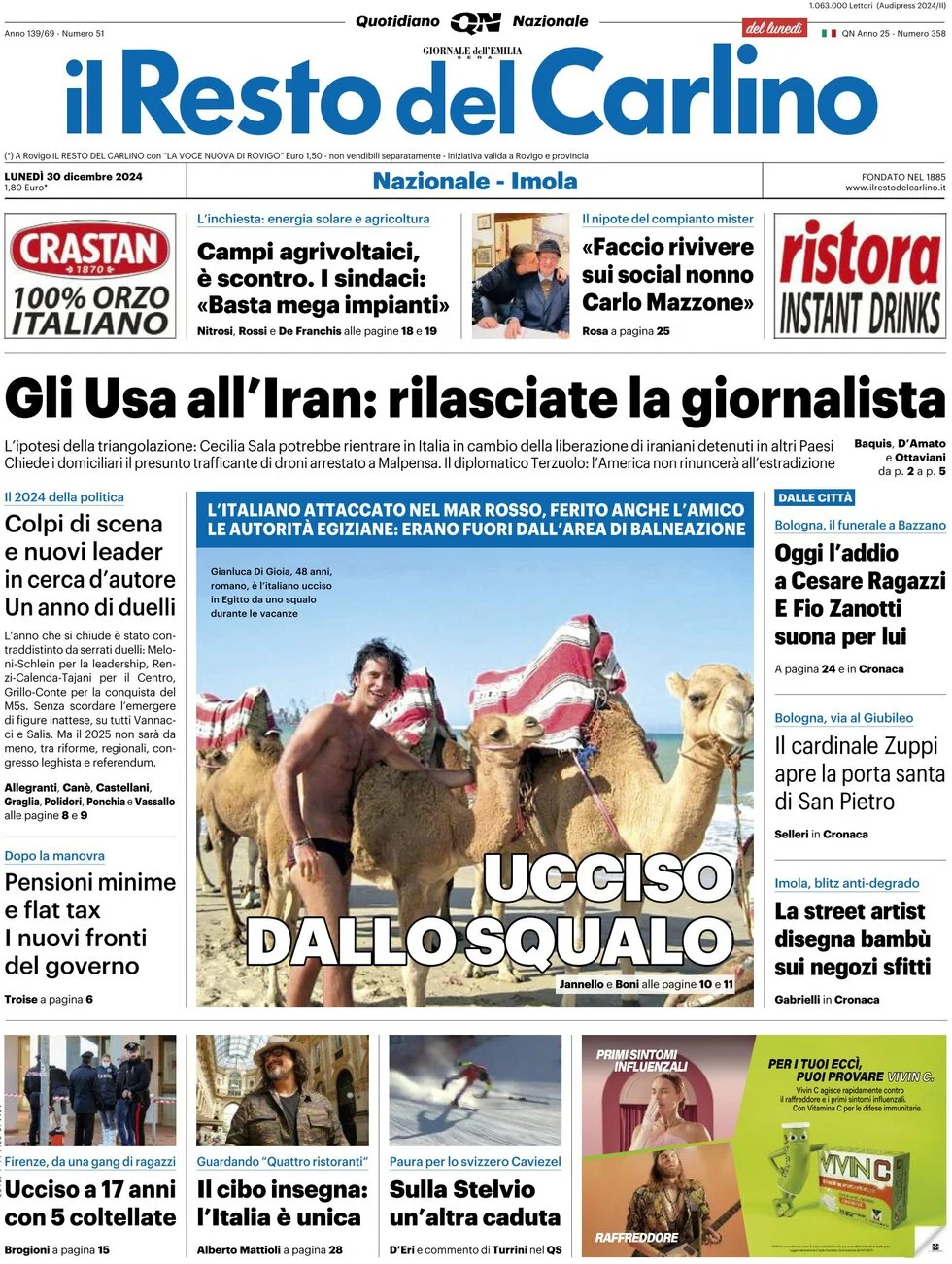 anteprima della prima pagina di il-resto-del-carlino del 30/12/2024